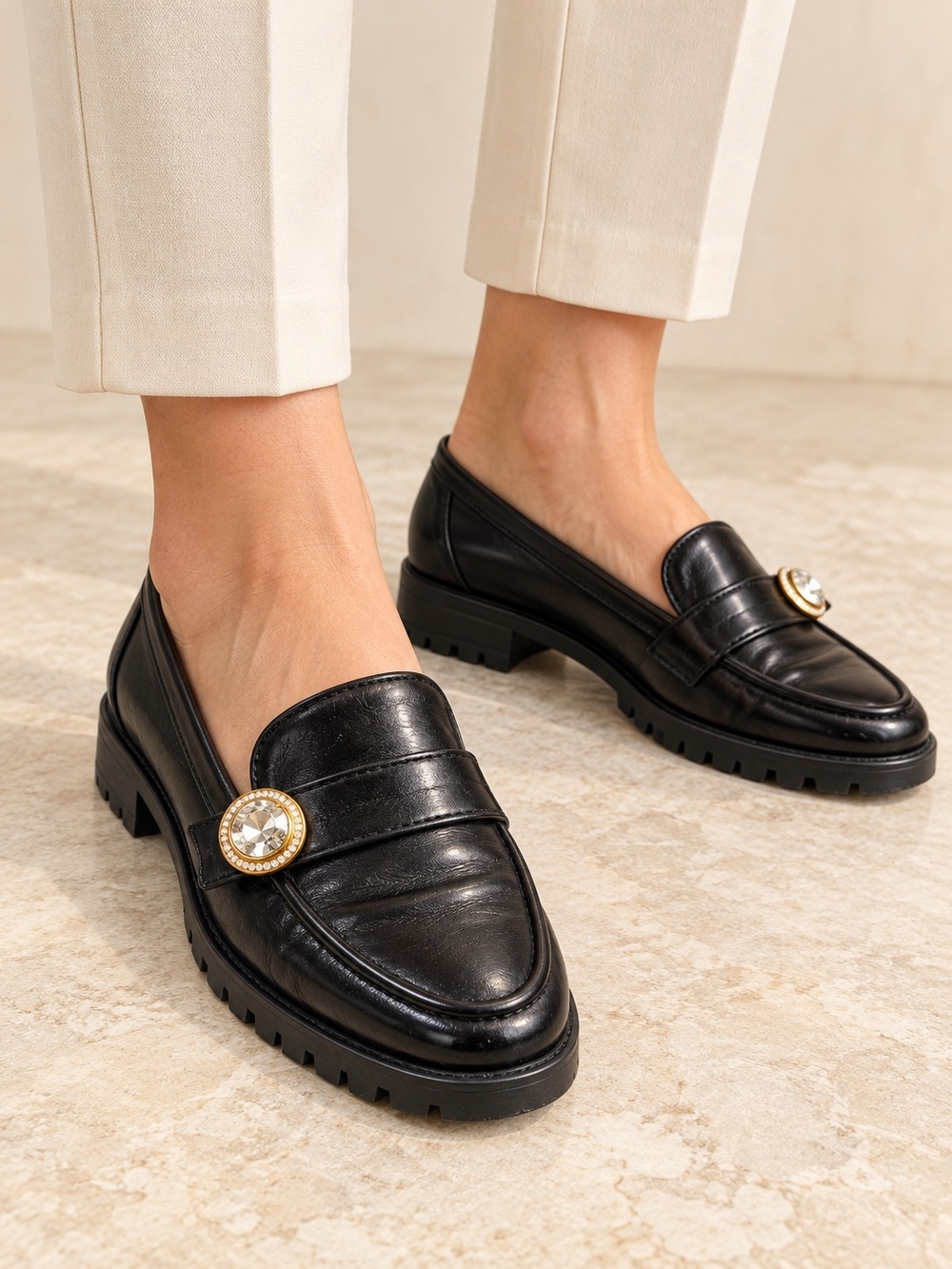 Kate Spade Black Crystal Embellished Lug Sole Loafers | Size 8